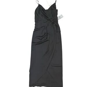 Shona Joy Onyx Black Satin Bow Front Midi Slip Dress Size 8 NWT